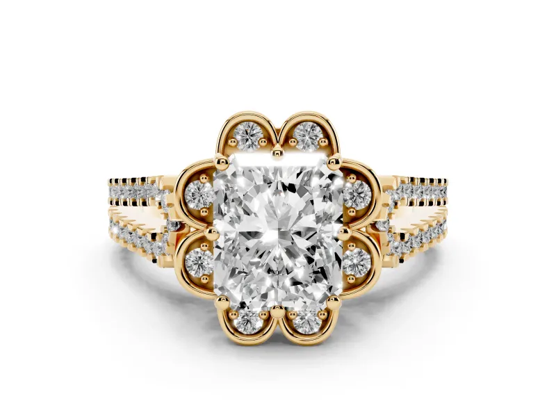 Radiant Cut Diamond Floral Halo Split Shank Engagement Ring Set in Yellow gold with Pavé Shank