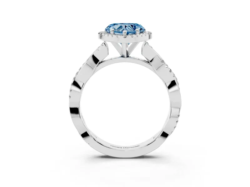 Fancy Blue Heart Cut Diamond Halo Twisted Band Ring Set in Platinum with Prong Setting