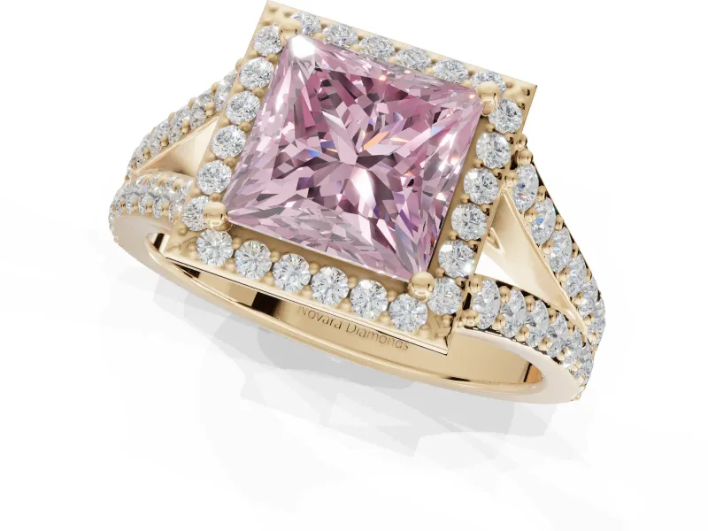 Princess Cut Halo Pavé Engagement Ring Setting for a Fancy Pink Lab-Grown Diamond | Narrow Split Shank | Yellow Gold