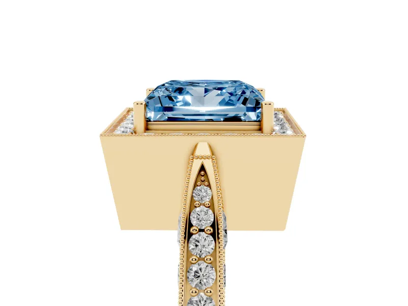 Princess Cut Milgrain Halo Engagement Ring Setting for a Fancy Blue Lab-Grown Diamond | Side Stones | Yellow Gold