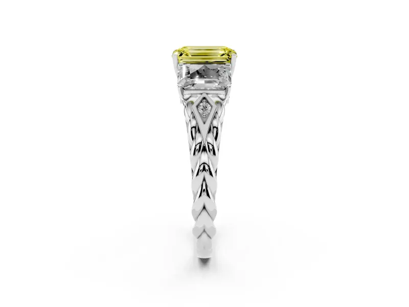 Emerald Cut Three Stone Engagement Ring Setting for a Fancy Yellow Lab-Grown Diamond | Braided Band | White Gold