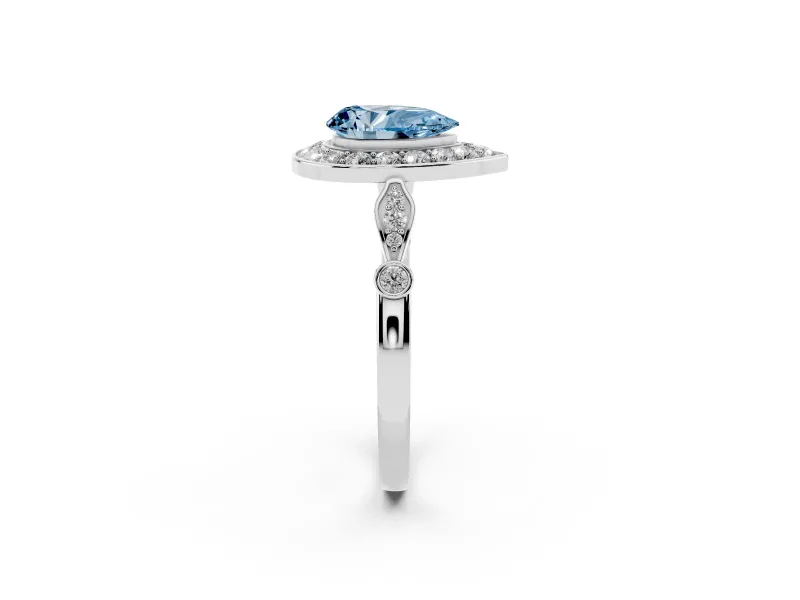 Fancy Blue Pear Cut Diamond Halo Engagement Ring Set in White gold with Twisted Band and Prong Setting