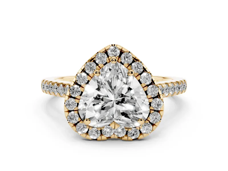 Heart Cut Diamond Pavé Halo Engagement Ring Set in Yellow gold with Pavé Band and Prong Setting