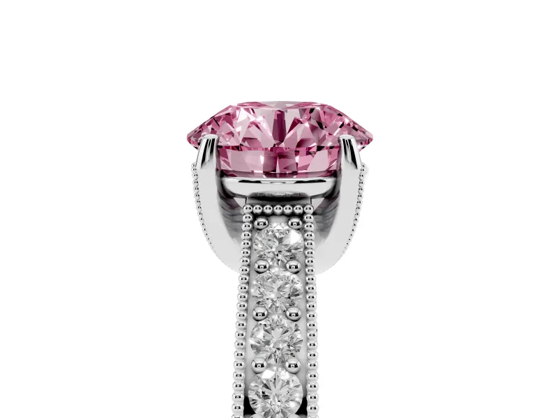 Round Vintage Hidden Halo Engagement Ring Setting for a Fancy Pink Lab-Grown Diamond | Milgrain Pave Band | Platinum