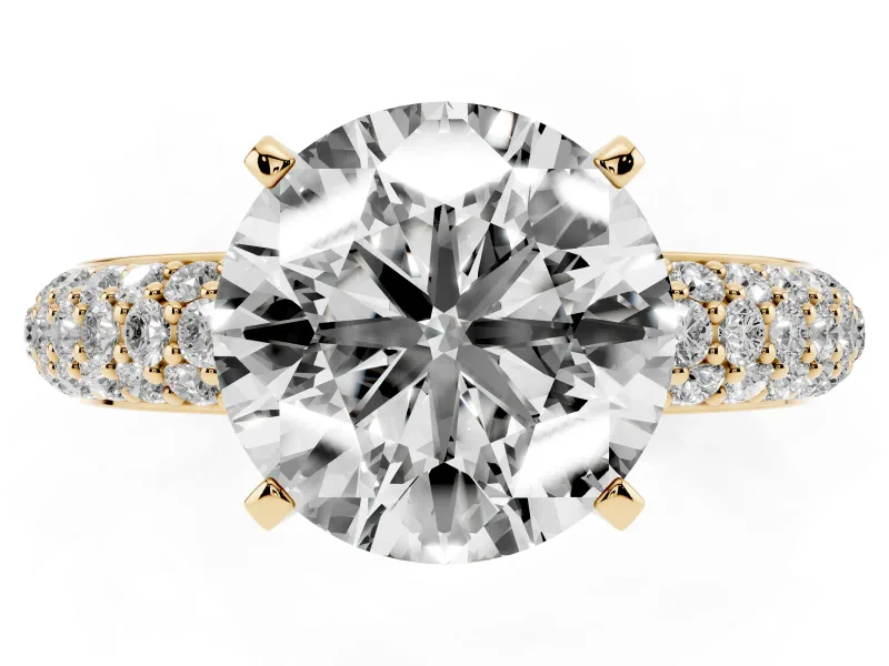 Round Cut Diamond Solitaire Ring Set in Yellow gold with Prong Setting and Pavé-Set Band