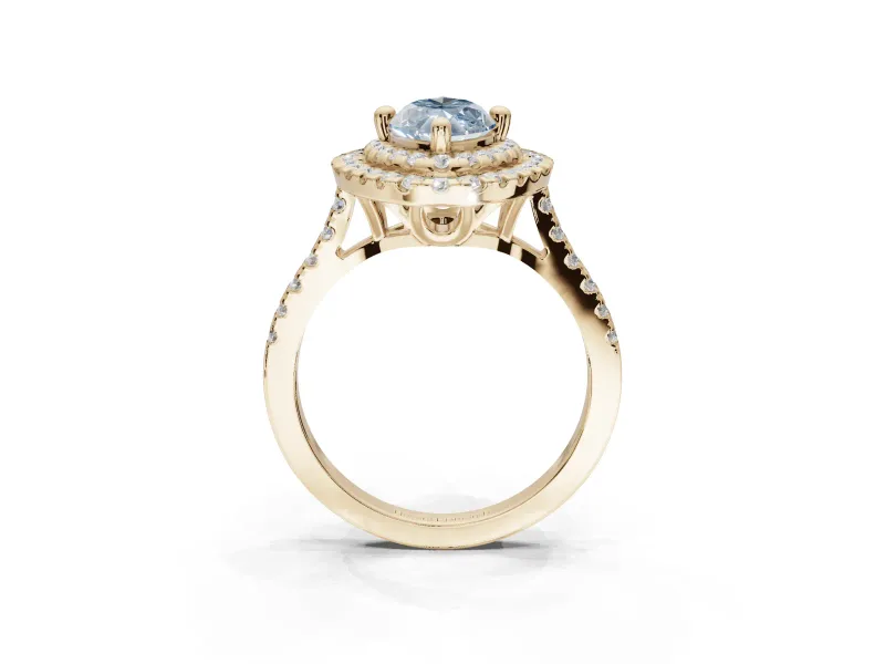 Fancy Blue Marquise Lab-Grown Diamond Double Halo Statement Ring Set in Yellow Gold with Pavé Band