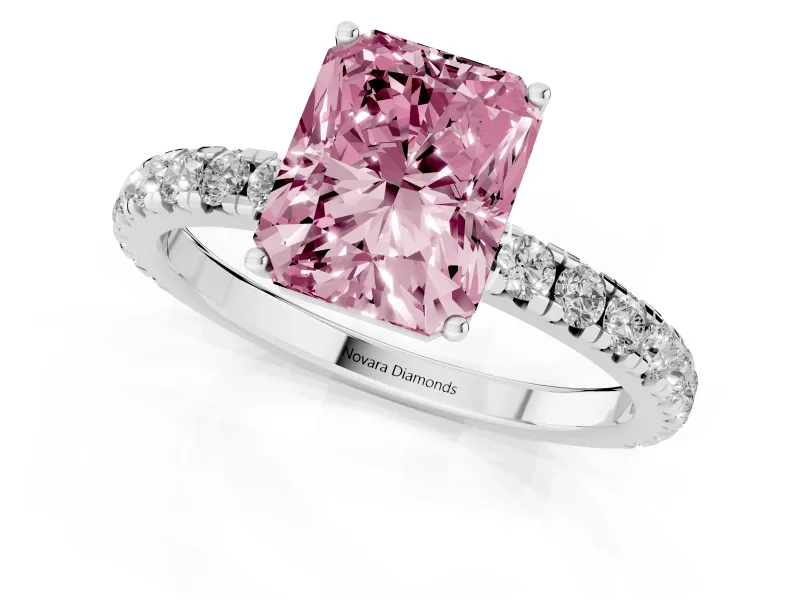 Radiant Cut Pave Solitaire Engagement Ring Setting for a Fancy Pink Lab-Grown Diamond | Shared Prong Band | Platinum