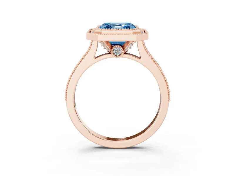 Asscher Cut Vintage Milgrain Halo Engagement Ring Setting for a Fancy Blue Lab-Grown Diamond | Bezel Head | Rose Gold