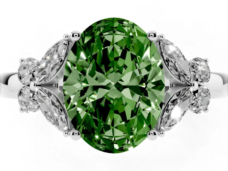 Fancy Green Oval Cut Diamond Solitaire Floral Ring Set in White gold with Marquise Petals and Prong Setting