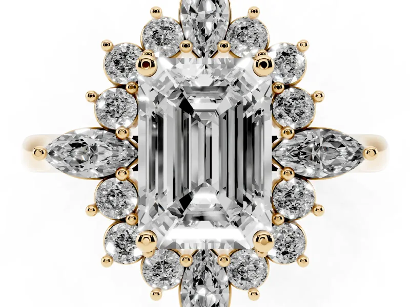 Emerald Cut Cluster Halo Engagement Ring Setting | Yellow Gold