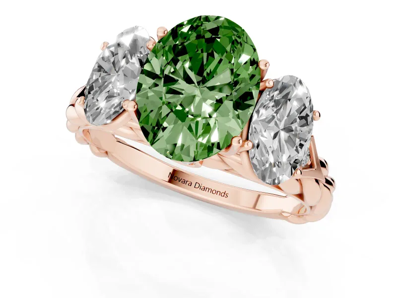 Oval Three Stone Engagement Ring Setting for a Fancy Green Lab-Grown Diamond | Braided Band | Rose Gold