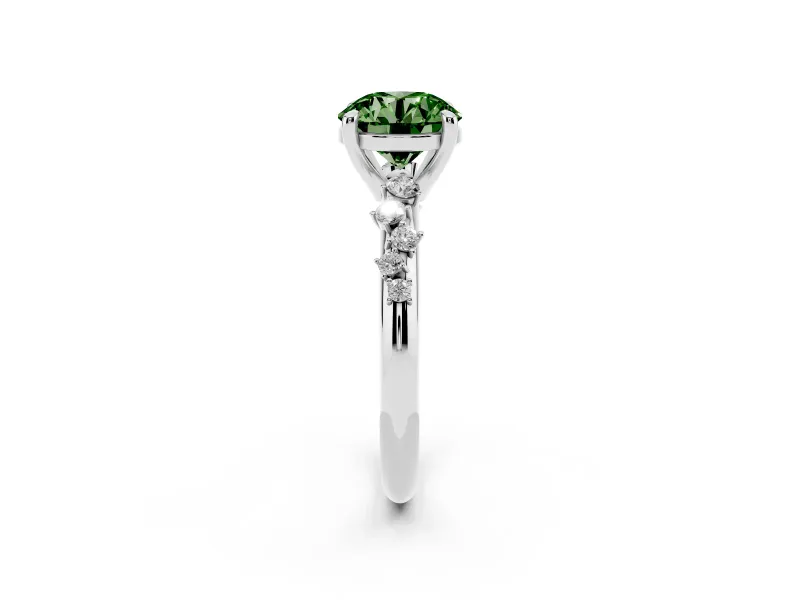 Fancy Green Round Cut Diamond Solitaire Vine Band Ring Set in Silver with Round Accents and Prong Setting