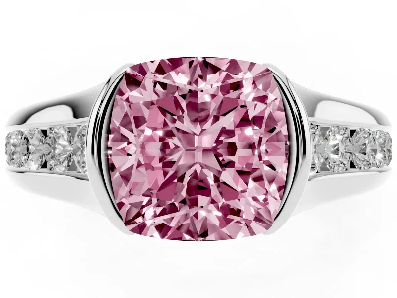 Cushion Cut Half Bezel Engagement Ring Setting for a Fancy Pink Lab-Grown Diamond | Sterling Silver