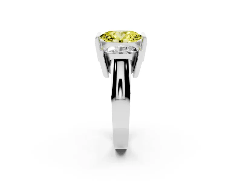 Fancy Yellow Oval Cut Diamond Three-Stone Channel Set Ring Set in Platinum with Smooth Polished Band