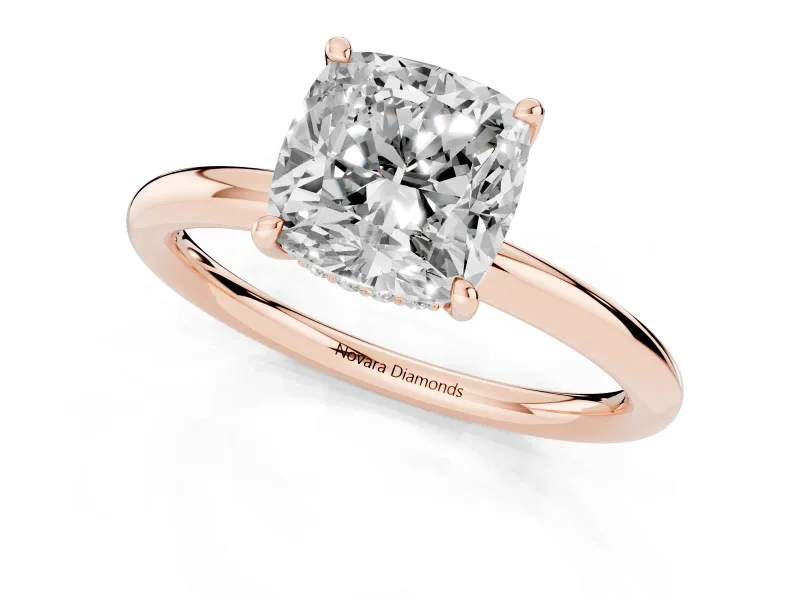 Cushion Cut Diamond Solitaire Ring Set in Rose gold with Thin Band and Prong Setting