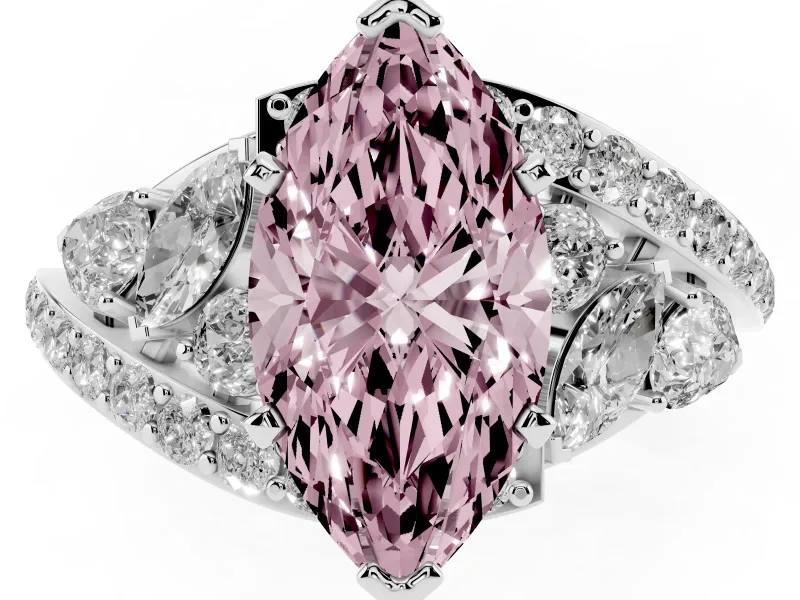 Fancy Pink Marquise Cut Diamond Halo Ring Set in Silver with Marquise and Pavé Band in Prong Setting