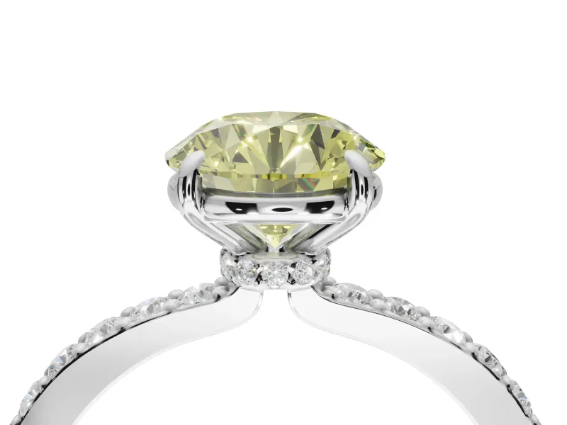 Round Hidden Halo Engagement Ring Setting for a Fancy Yellow Lab-Grown Diamond | Pavé Band | Platinum