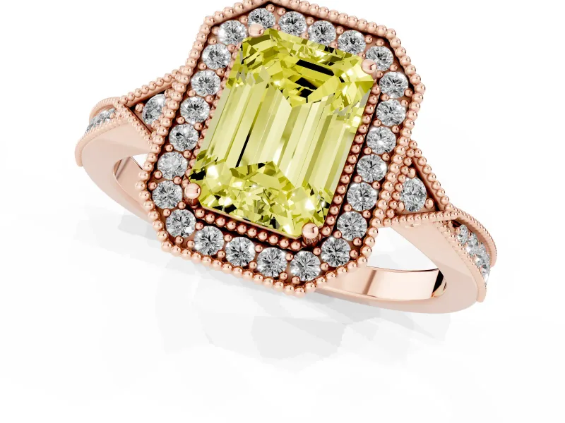 Emerald Cut Milgrain Halo Engagement Ring Setting for a Fancy Yellow Lab-Grown Diamond | Graduated Pavé | Rose Gold