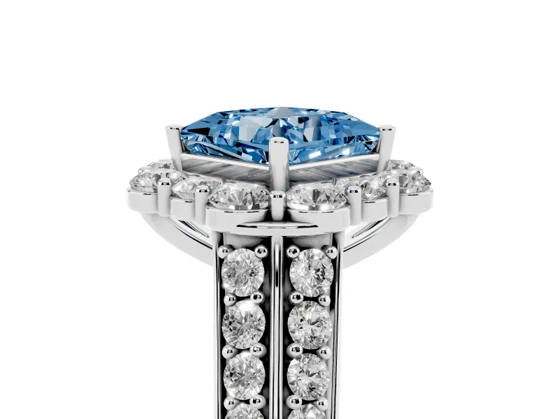 Fancy Blue Princess Cut Diamond Halo Engagement Ring Set in Silver with Split Shank and Prong Setting