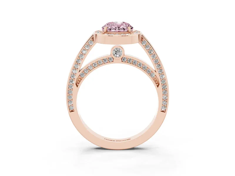 Fancy Pink Oval Cut Diamond Halo Pavé Split Shank Ring Set in Rose gold with Prong Setting