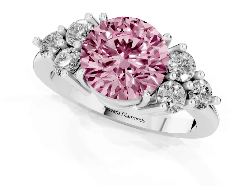 Round Cluster Side Stone Engagement Ring Setting for a Fancy Pink Lab-Grown Diamond | Plain Band | Sterling Silver