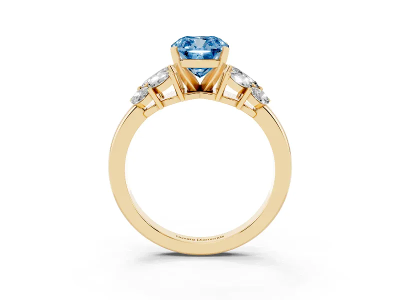 Fancy Blue Cushion Cut Diamond Cluster Leaf Design Ring Set in Yellow gold with Prong Setting