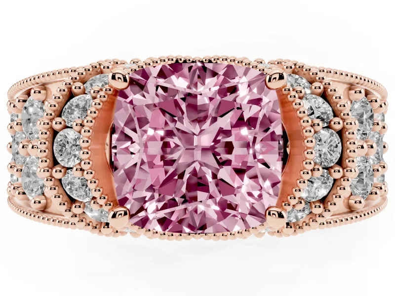Cushion Cut Vintage Pave Engagement Ring Setting for a Fancy Pink Lab-Grown Diamond | Milgrain Edges | Rose Gold