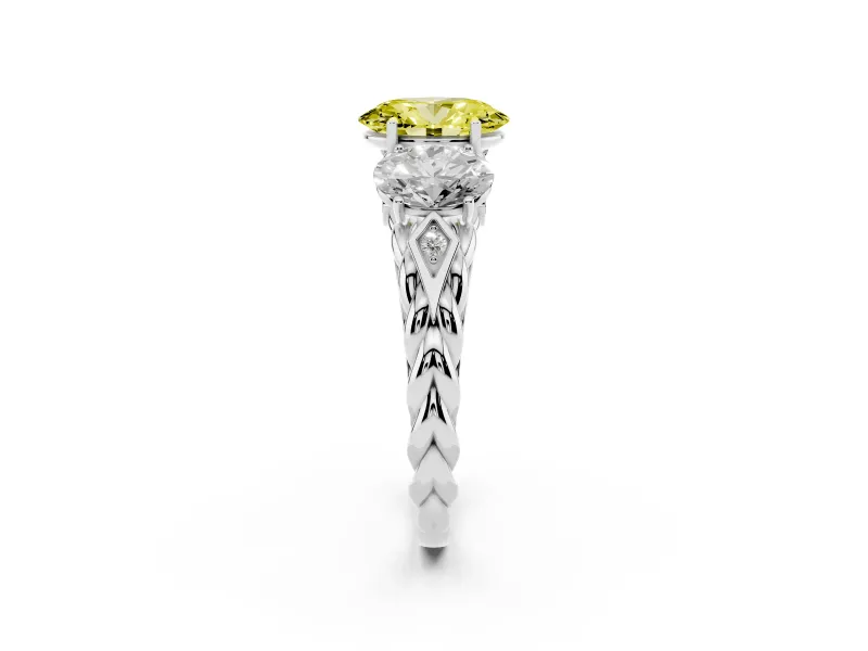 Fancy Yellow Oval Cut Diamond Three-Stone Ring Set in White gold with Braided Band