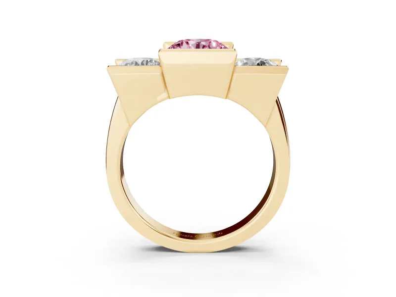 Fancy Pink Round Cut Diamond Three-Stone Channel Set Ring Set in Yellow gold with Smooth Polished Band