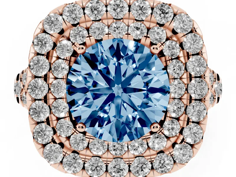 Round Halo Split Shank Engagement Ring Setting for a Fancy Blue Lab-Grown Diamond | Pavé Strands | Rose Gold