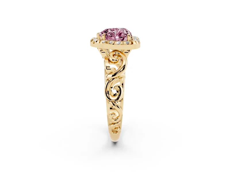 Fancy Pink Heart Cut Diamond Halo Ring Set in Yellow gold with Scrollwork Band and Prong Setting