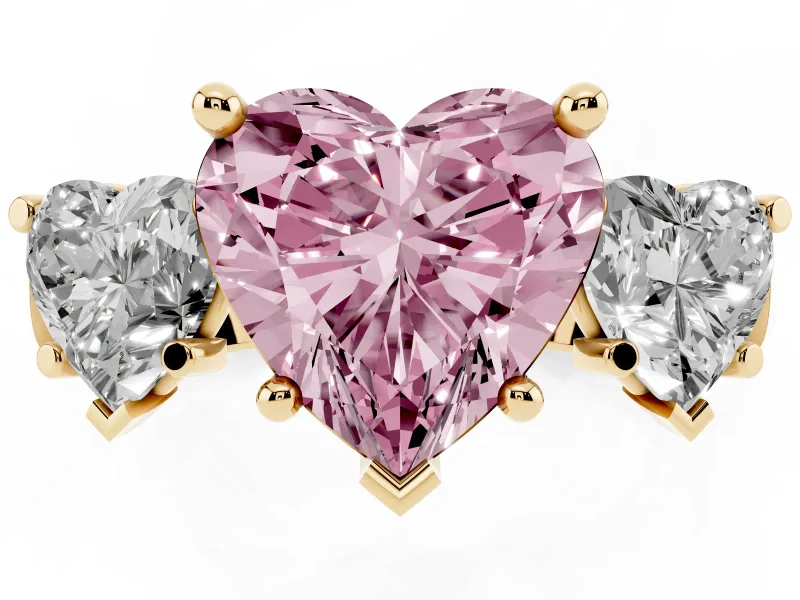 Heart-Shaped Three Stone Engagement Ring Setting for a Fancy Pink Lab-Grown Diamond | Plain Squared Band | Yellow Gold