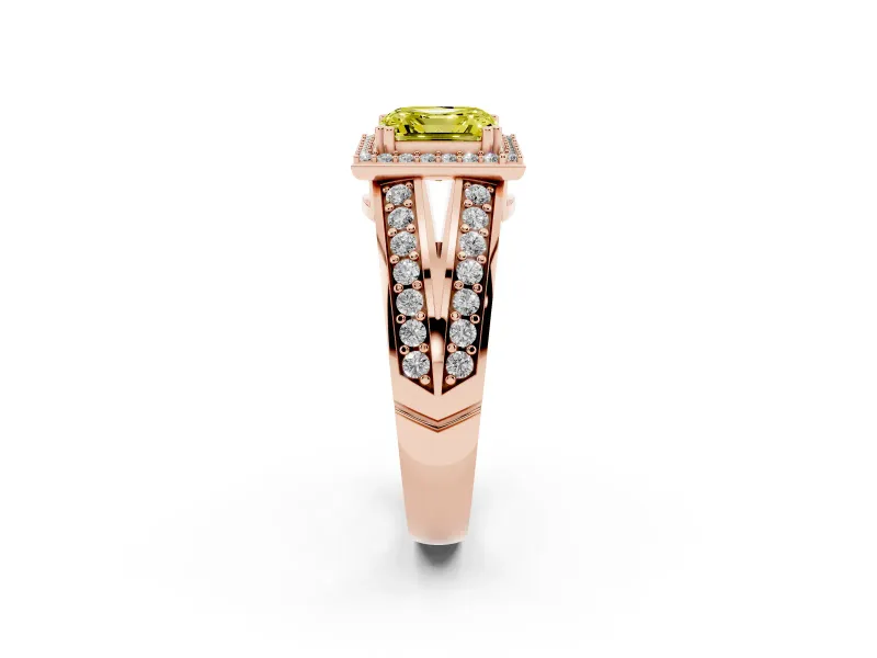 Asscher Cut Halo Engagement Ring Setting for a Fancy Yellow Lab-Grown Diamond | Two-Row Pave Split Shank | Rose Gold