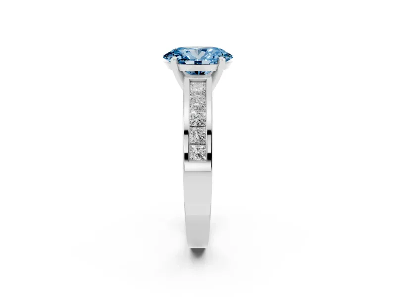 Fancy Blue Oval Cut Diamond Solitaire Ring Set in Platinum with Channel-Set Band and Prong Setting