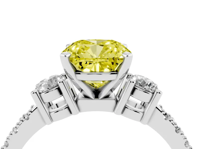Cushion Cut Three Stone Engagement Ring Setting for a Fancy Yellow Lab-Grown Diamond | Pavé Band | White Gold