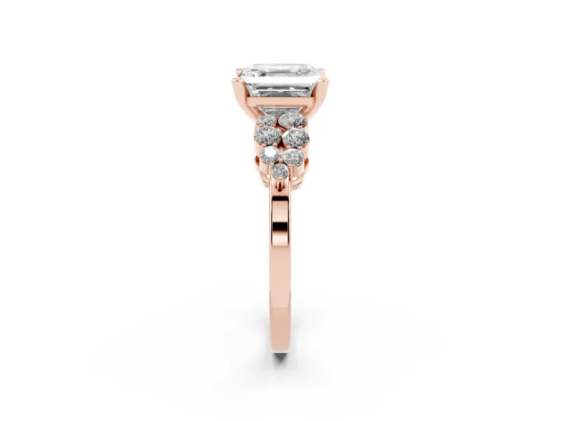 Asscher Cut Diamond Cluster Engagement Ring Set in Rose gold with Pavé Band and Prong Setting