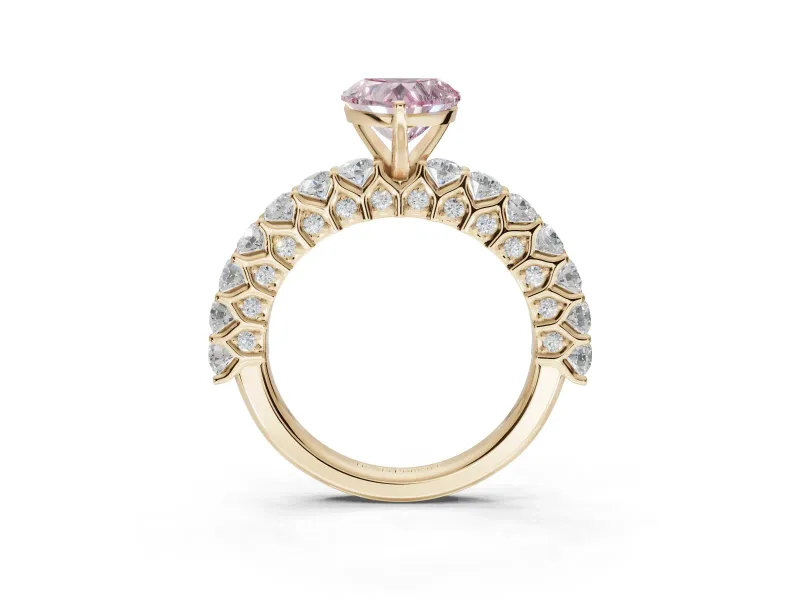 Heart-Shaped Shared Prong Engagement Ring Setting for a Fancy Pink Lab-Grown Diamond | Yellow Gold