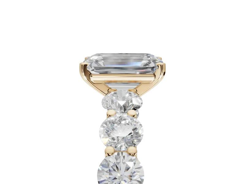 Emerald Cut Side Stone Engagement Ring Setting | Scalloped Prong Accents | Yellow Gold