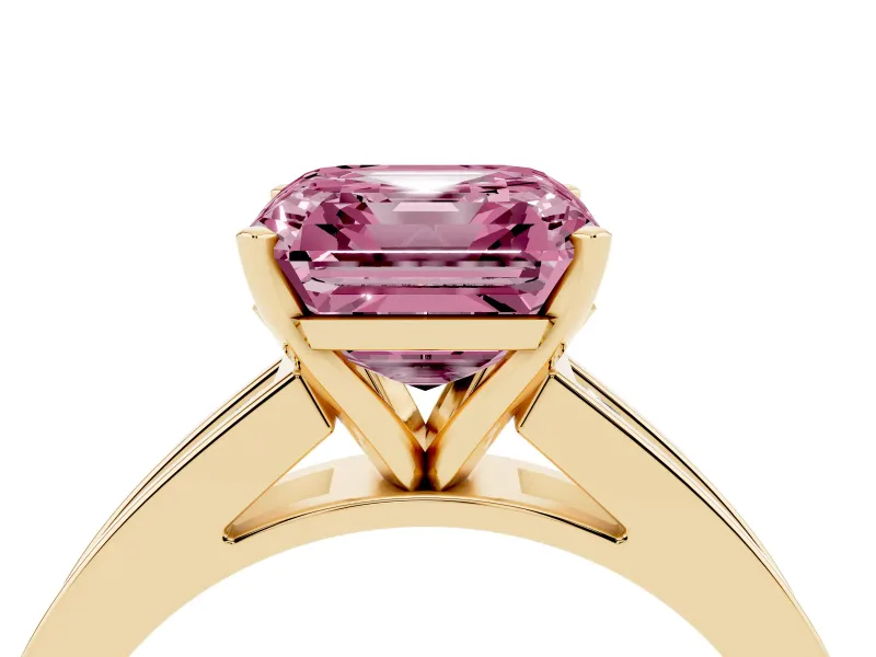 Fancy Pink Asscher Cut Diamond Solitaire Ring Set in Yellow gold with Channel-Set Band and Prong Setting