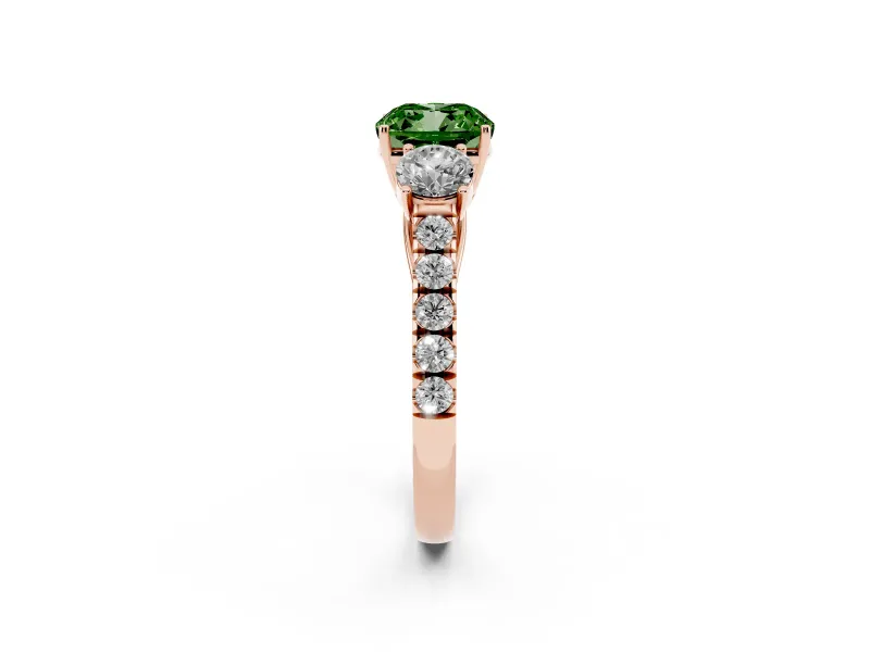 Fancy Green Cushion Cut Diamond Three-Stone Ring Set in Rose gold with Round Side Stones and Delicate Pavé Band