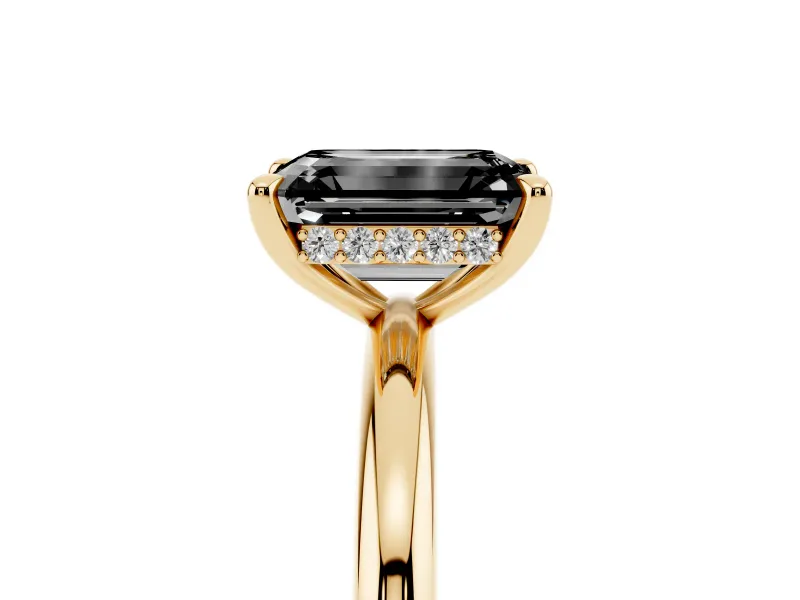 Emerald Cut Hidden Halo Engagement Ring Setting for a Black Center | Thin Plain Band | Yellow Gold