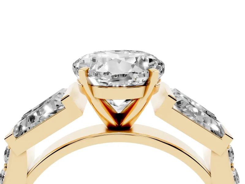 Round Cut Diamond Engagement Ring Set in Yellow gold with Baguette Side Stones and Channel Set Band