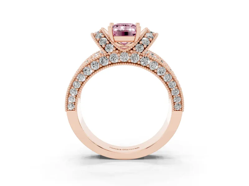 Emerald Cut Vintage Pave Engagement Ring Setting for a Fancy Pink Lab-Grown Diamond | Milgrain Edges | Rose Gold