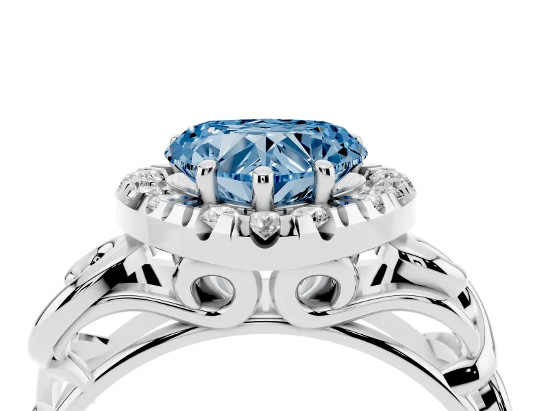 Fancy Blue Heart Cut Diamond Halo Ring Set in White gold with Scrollwork Band and Prong Setting