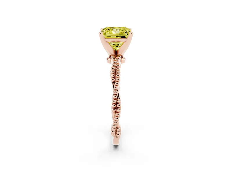 Fancy Yellow Princess Cut Diamond Solitaire Ring Set in Rose gold with Twisted Band and Bead Prong Setting
