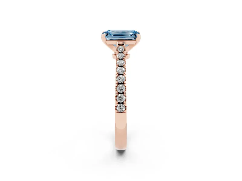 Emerald Cut Pavé Solitaire Engagement Ring Setting for a Fancy Blue Lab-Grown Diamond | Single Row Shoulders | Rose Gold
