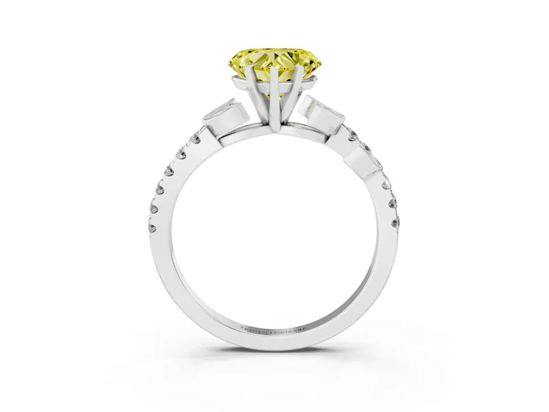 Fancy Yellow Heart Cut Diamond Solitaire Leaf-Inspired Ring Set in Silver with Pavé Band and Prong Setting