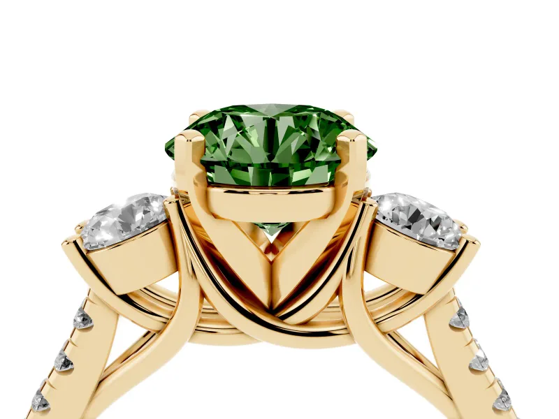 Fancy Green Three-Stone Round Cut Diamond Pavé Band Ring Set in Yellow gold with Prong-Set Trio
