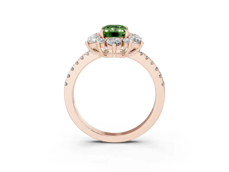 Fancy Green Emerald Cut Diamond Floral Halo Ring Set in Rose gold with Round Pavé Band and Prong Setting