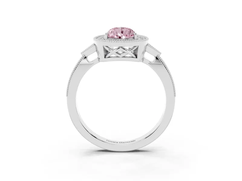Fancy Pink Pear Cut Diamond Halo Engagement Ring Set in Silver with Milgrain Pavé Band